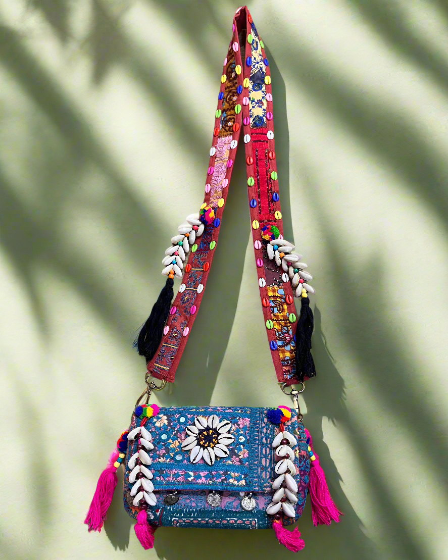 Banjara Boho Sling Bag- (Blue/Pink) - The Ethnic Indian Store