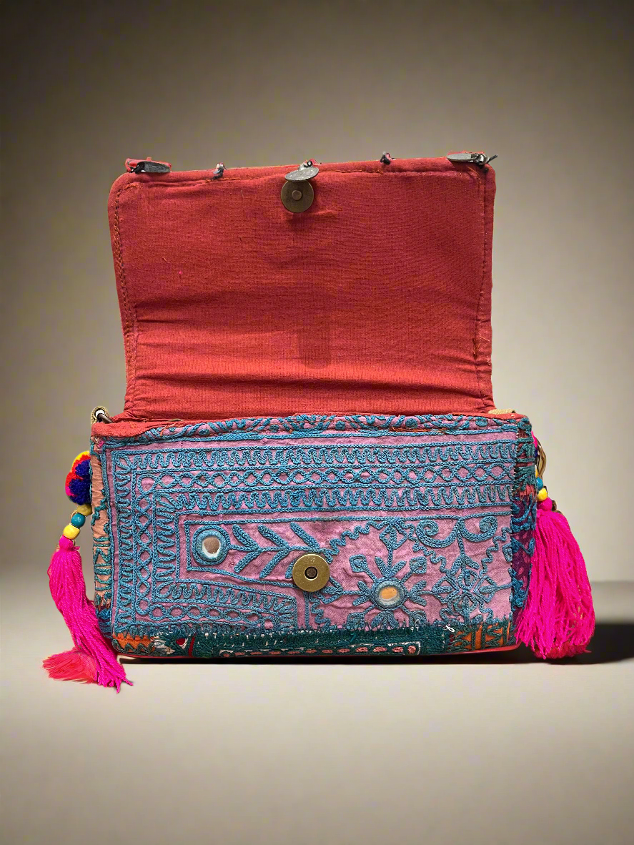 Banjara Boho Sling Bag- (Blue/Pink) - The Ethnic Indian Store