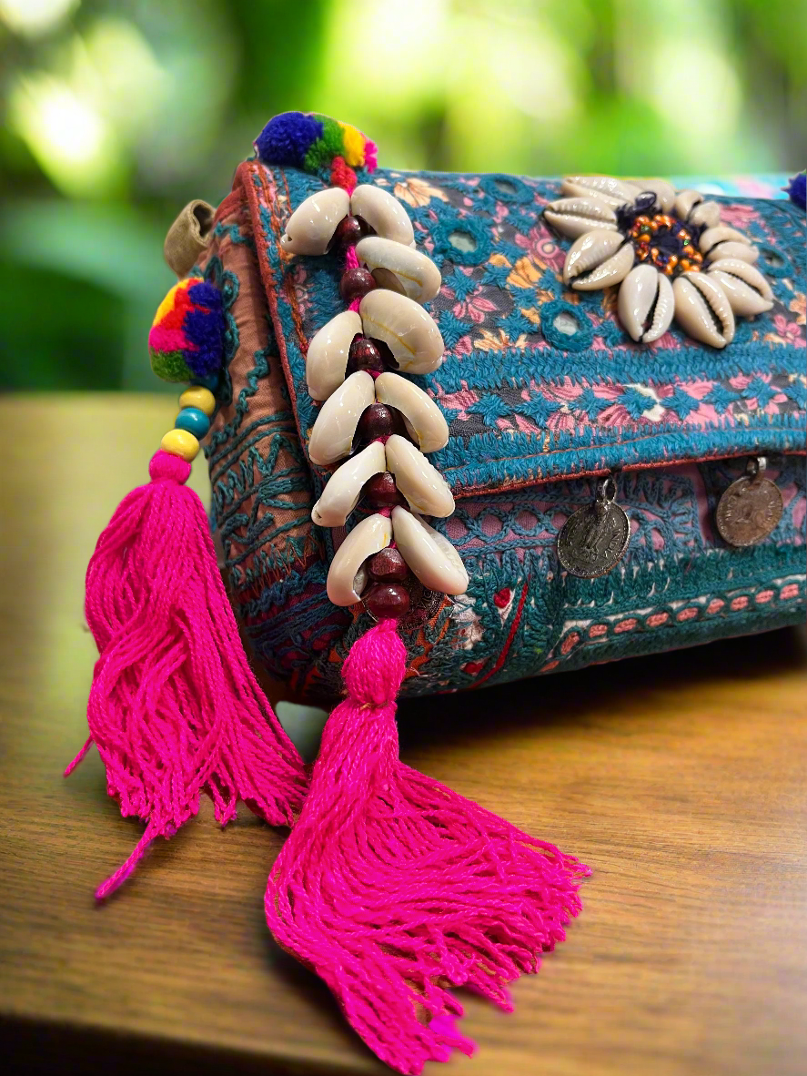 Banjara Boho Sling Bag- (Blue/Pink) - The Ethnic Indian Store