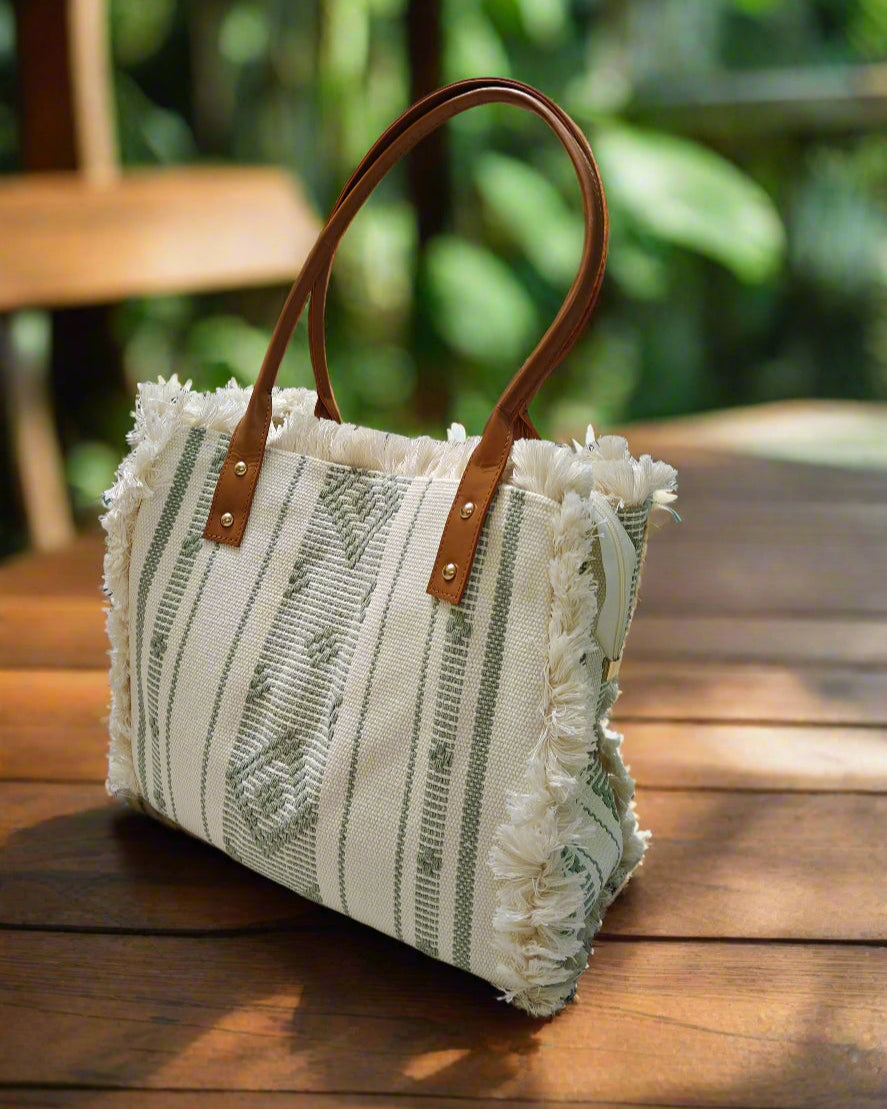 Greyish Green Big Canvas Tote Shoulder Bag - The Ethnic Indian Store