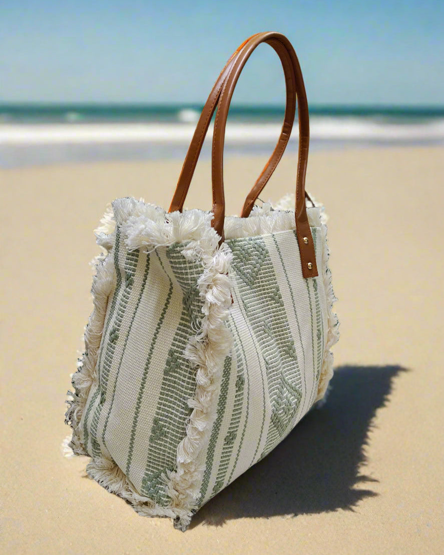 Greyish Green Big Canvas Tote Shoulder Bag - The Ethnic Indian Store