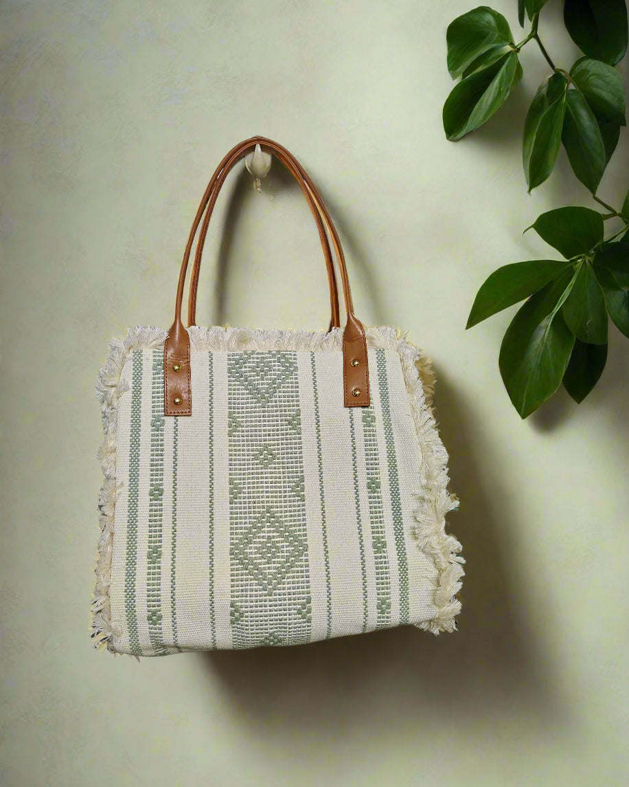 Greyish Green Big Canvas Tote Shoulder Bag - The Ethnic Indian Store