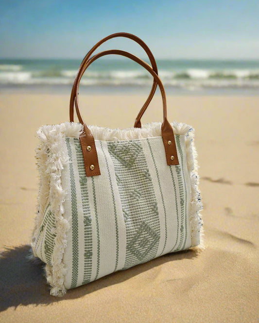Greyish Green Big Canvas Tote Shoulder Bag - The Ethnic Indian Store