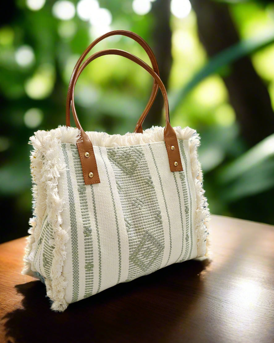 Greyish Green Big Canvas Tote Shoulder Bag - The Ethnic Indian Store