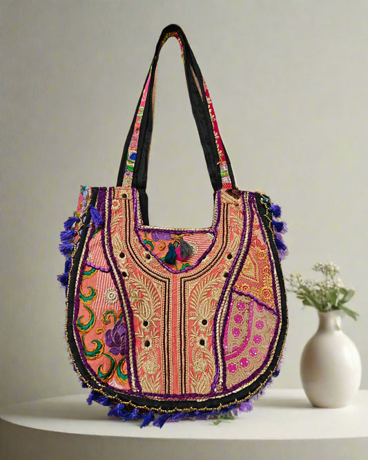 Peach Embroidered Patchwork Tote Bag with Tassels - The Ethnic Indian Store