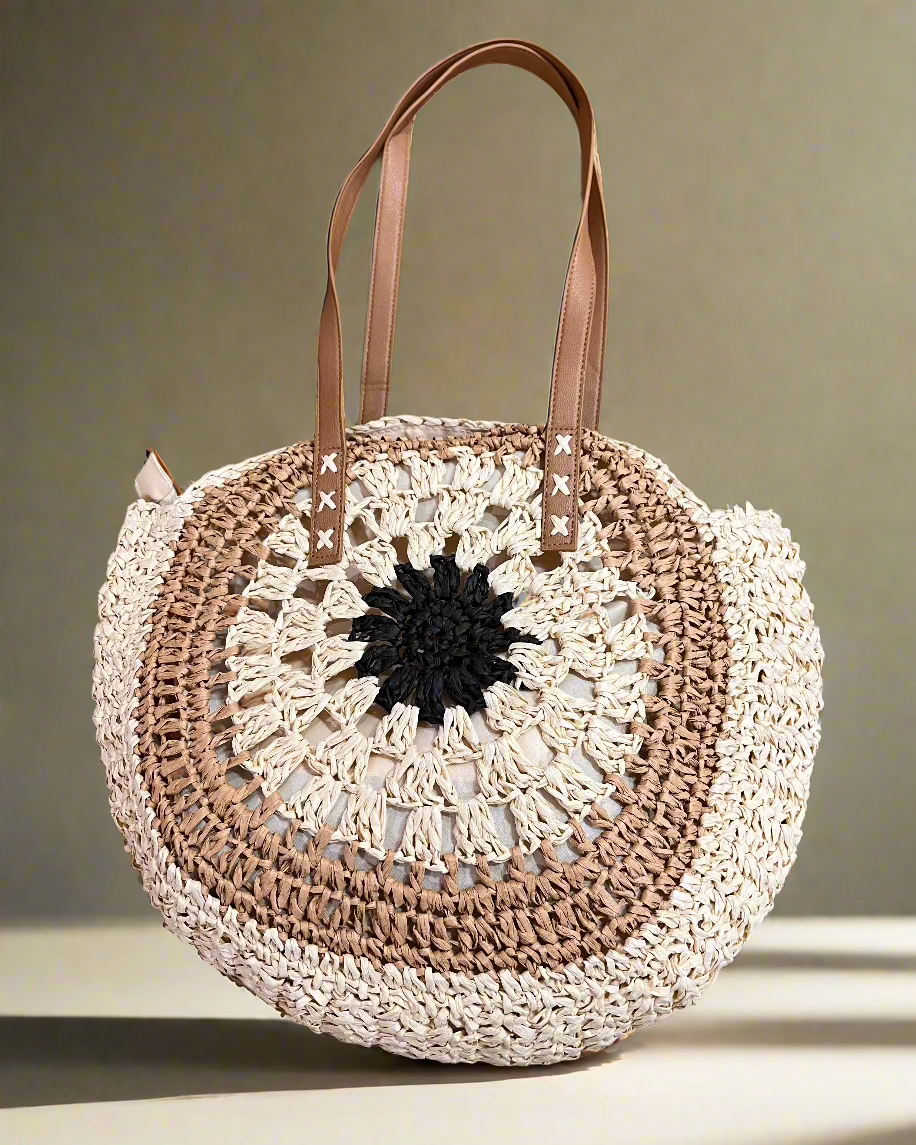 Handwoven Round Straw Tote – The Perfect Shoulder Bag for Beach & Casual Outings!- Back view