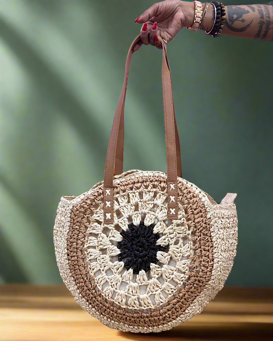 Handwoven Round Straw Tote – The Perfect Shoulder Bag for Beach & Casual Outings!- Front view