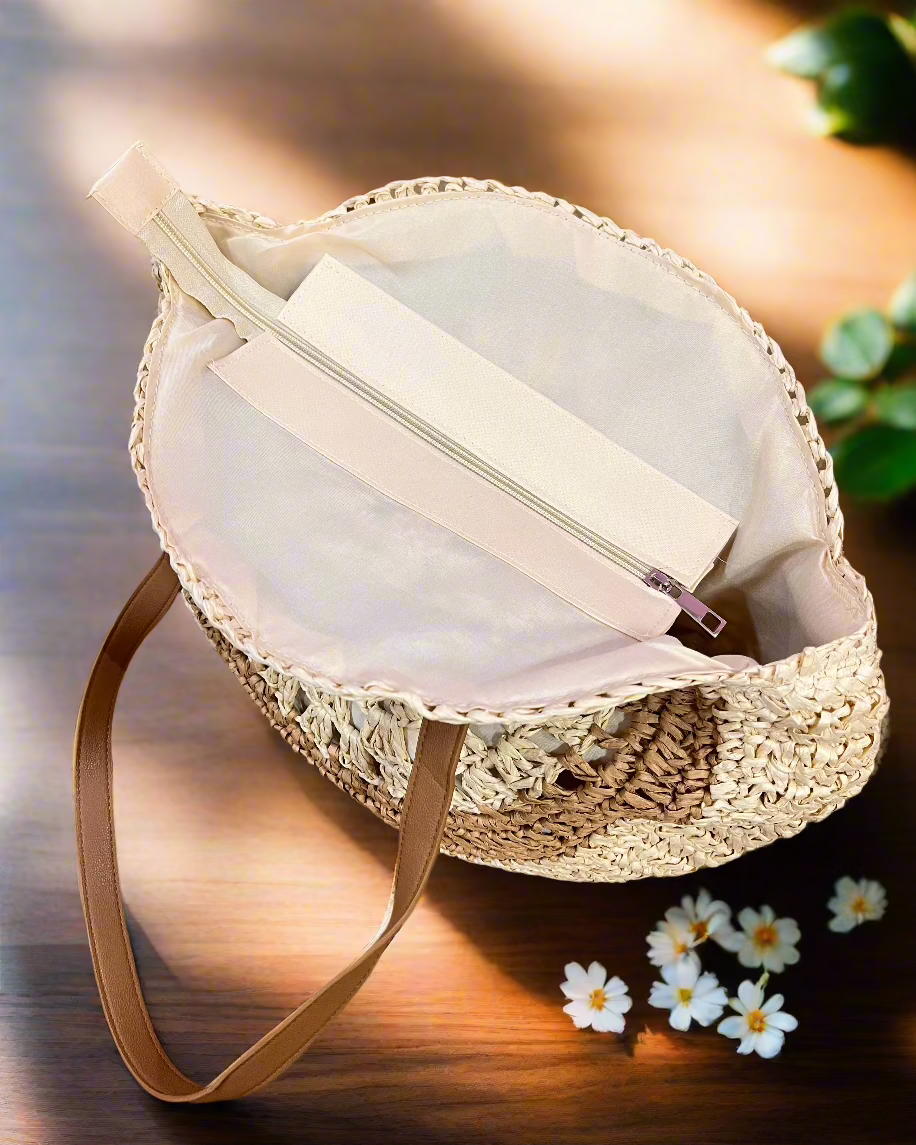 Handwoven Round Straw Tote – The Perfect Shoulder Bag for Beach & Casual Outings!- Top view