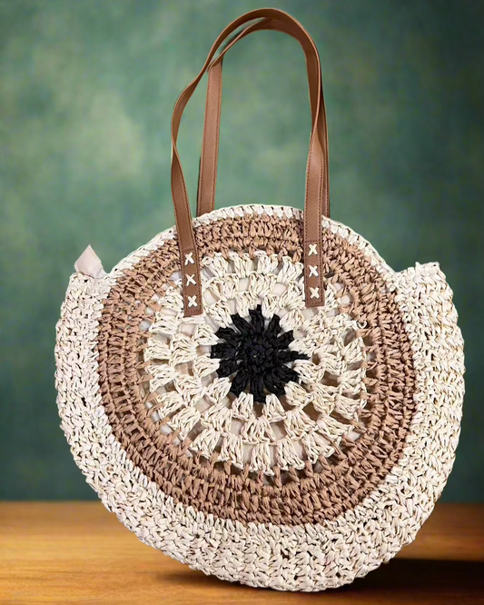 Handwoven Round Straw Tote – The Perfect Shoulder Bag for Beach & Casual Outings!- Front view