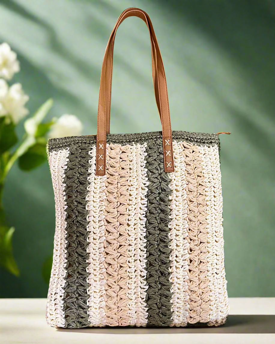 Handwoven Multicolor Bamboo Tote – Perfect Long Beach Bag for Summer!- Back view
