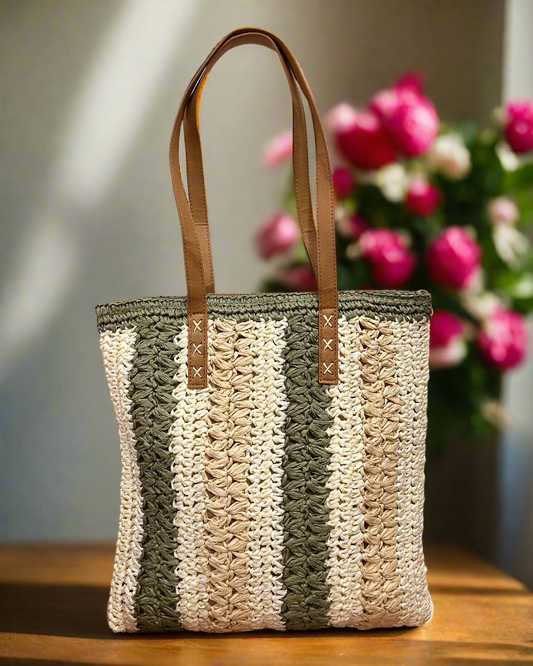 Handwoven Multicolor Bamboo Tote – Perfect Long Beach Bag for Summer! Front View