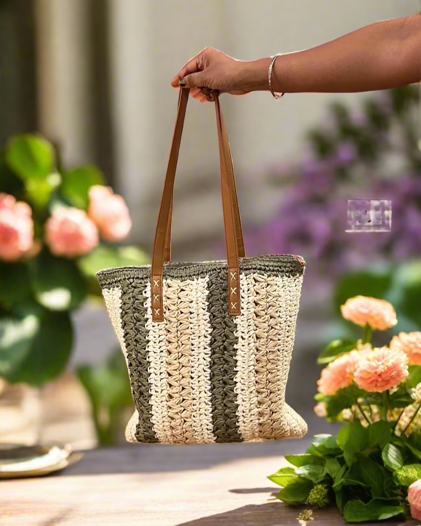 Handwoven Multicolor Bamboo Tote – Perfect Long Beach Bag for Summer! front view