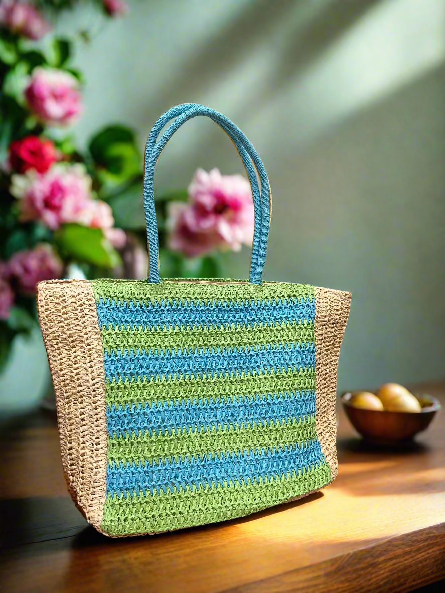 Colorful Eco-Friendly Straw Tote – Stylish & Sustainable Shoulder Bag for Everyday Use! Side View
