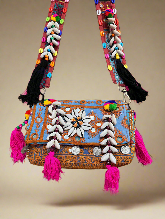 Banjara Boho Sling Bag- (Blue/Brown) - The Ethnic Indian Store