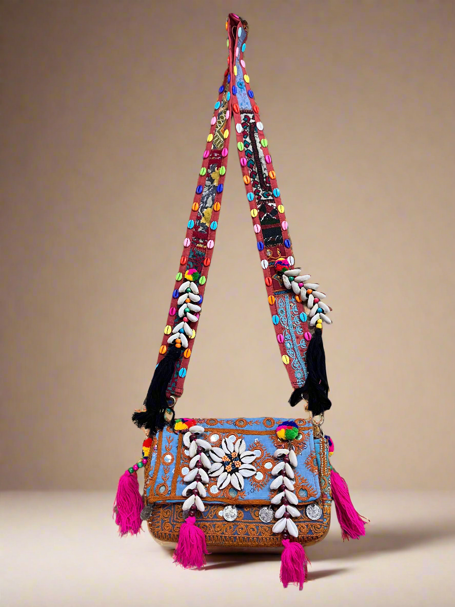 Banjara Boho Sling Bag- (Blue/Brown) - The Ethnic Indian Store