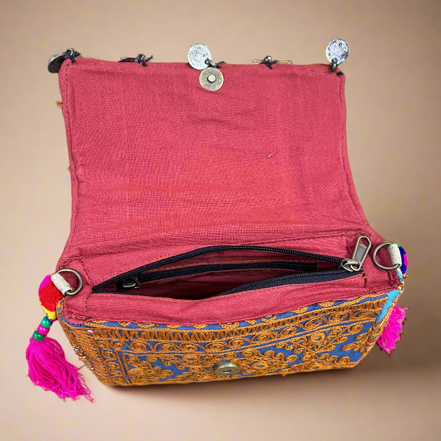 Banjara Boho Sling Bag- (Blue/Brown) - The Ethnic Indian Store