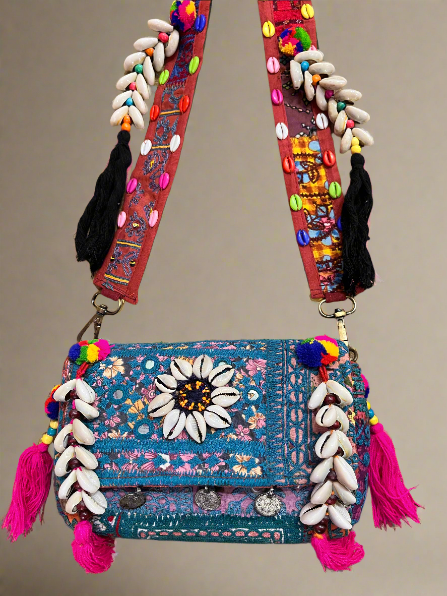 Banjara Boho Sling Bag- (Blue/Pink) - The Ethnic Indian Store