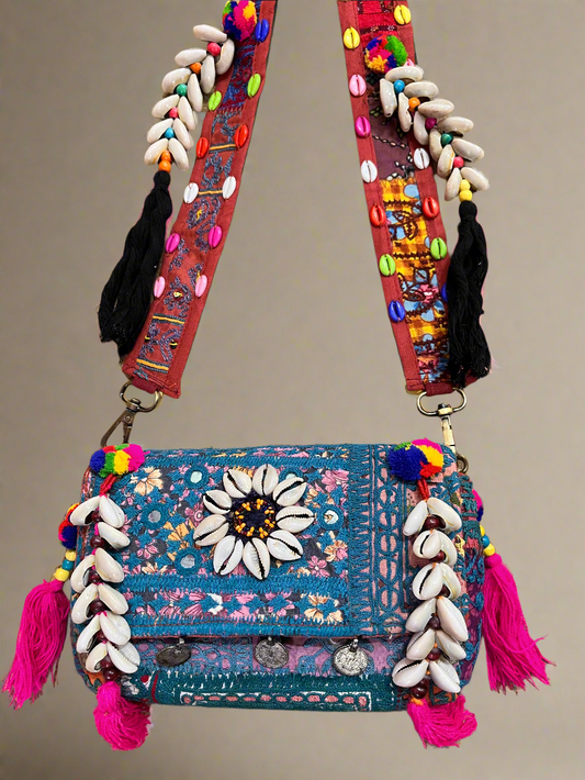 Banjara Boho Sling Bag- (Blue/Pink) - The Ethnic Indian Store