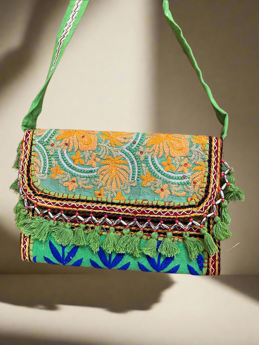 Green Vintage Floral Embroidered Sling Bag – Traditional Ethnic Handbag, Front View