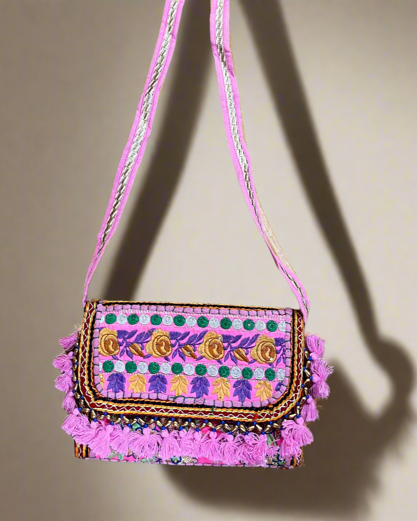 Pink Vintage Floral Embroidered Sling Bag – Traditional Ethnic Handbag, Front View with belt
