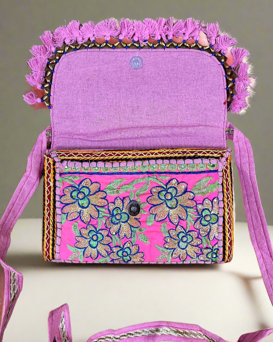 Pink Vintage Floral Embroidered Sling Bag – Traditional Ethnic Handbag, Front open View