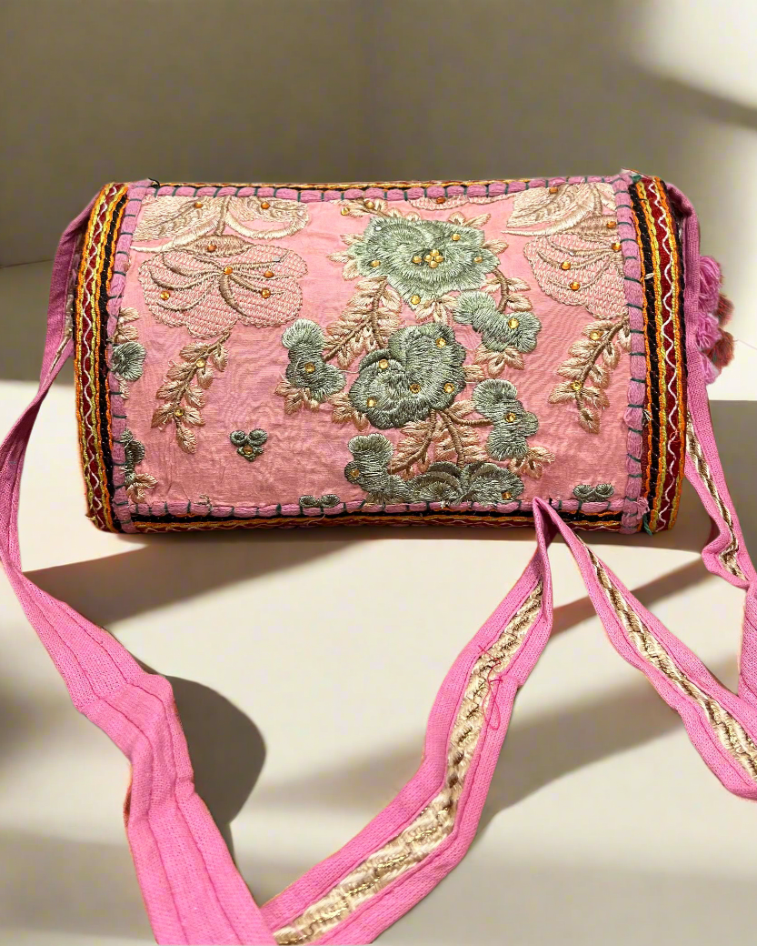 Pink Vintage Floral Embroidered Sling Bag – Traditional Ethnic Handbag, Back View