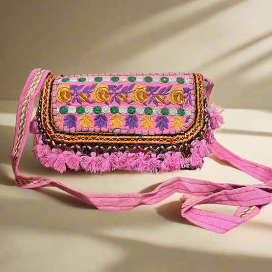 Pink Vintage Floral Embroidered Sling Bag – Traditional Ethnic Handbag, Front View