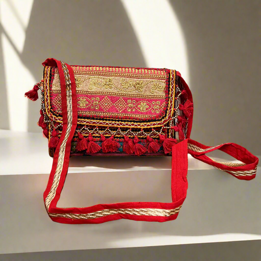 Red Vintage Floral Embroidered Sling Bag – Traditional Ethnic Handbag, Front View