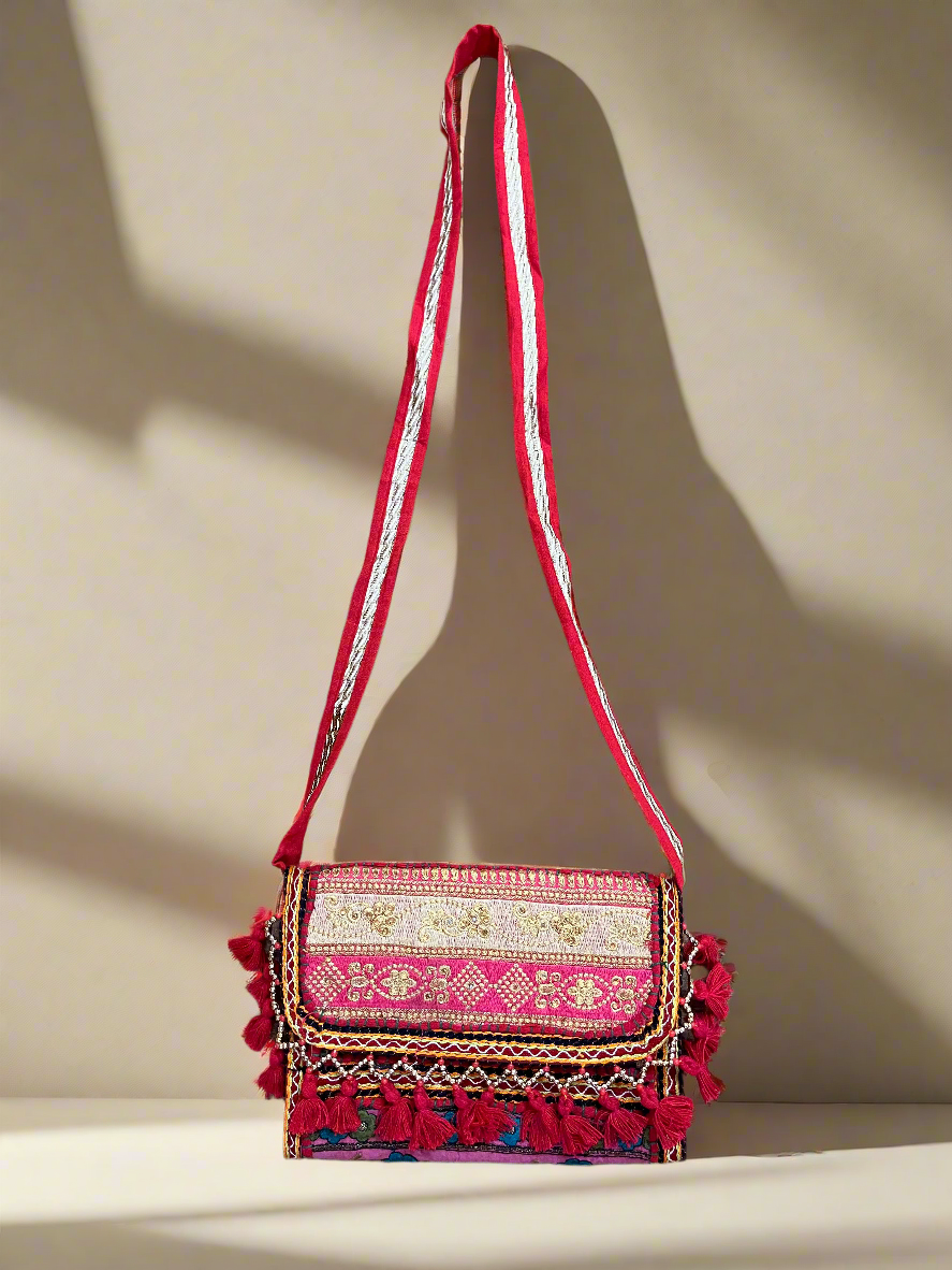 Red Vintage Floral Embroidered Sling Bag – Traditional Ethnic Handbag, Front View with belt
