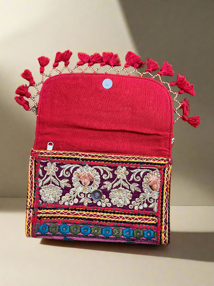 Red Vintage Floral Embroidered Sling Bag – Traditional Ethnic Handbag, Front open View