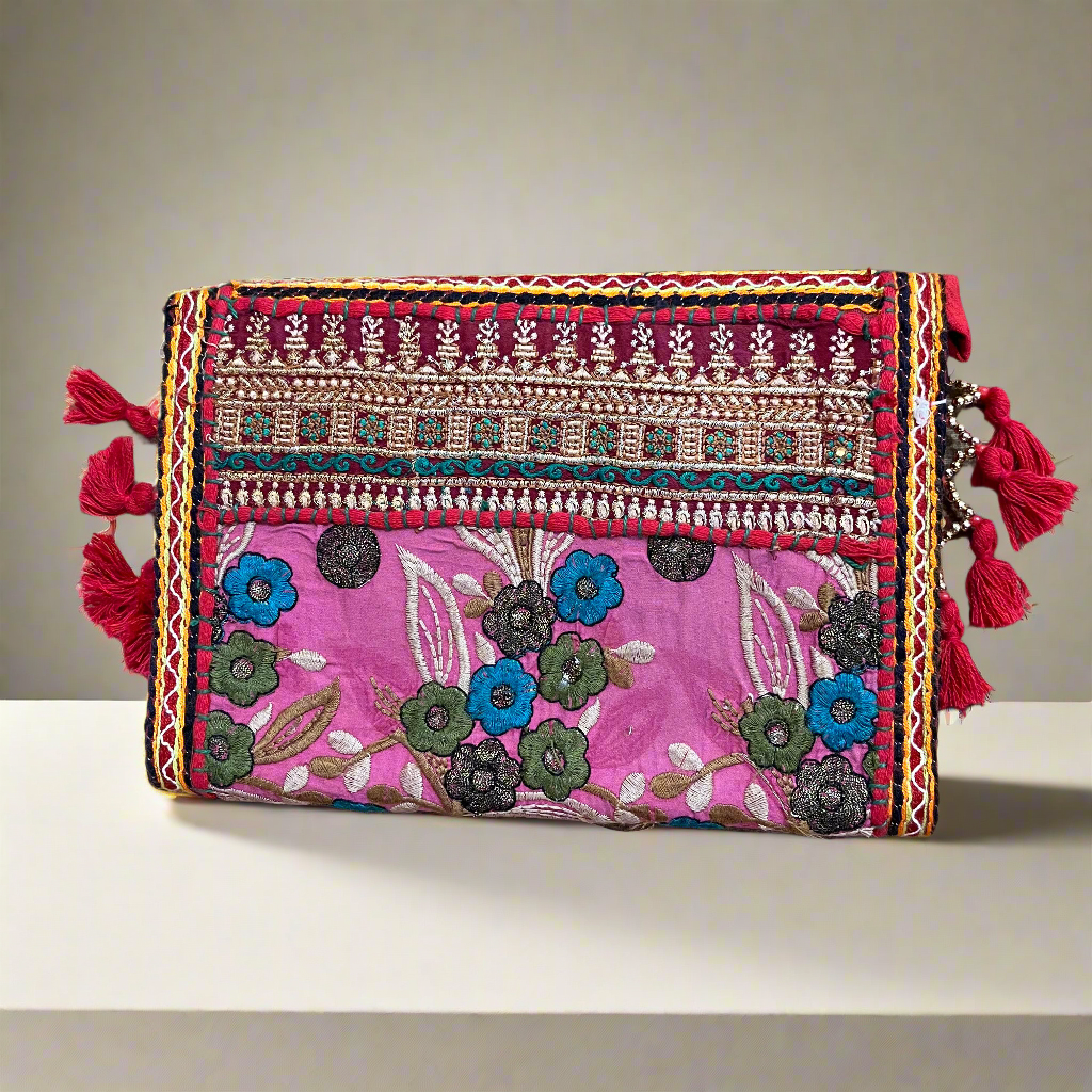 Red Vintage Floral Embroidered Sling Bag – Traditional Ethnic Handbag, Back View