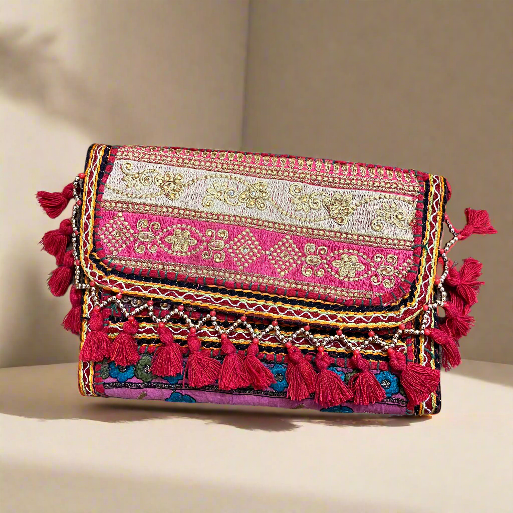 Red Vintage Floral Embroidered Sling Bag – Traditional Ethnic Handbag, Front View