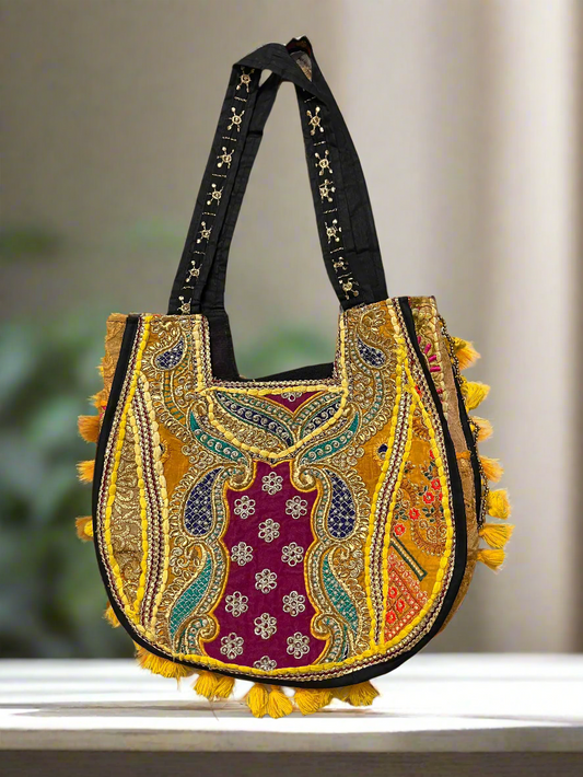 Yellow Embroidered Patchwork Tote Bag with Tassels - The Ethnic Indian Store